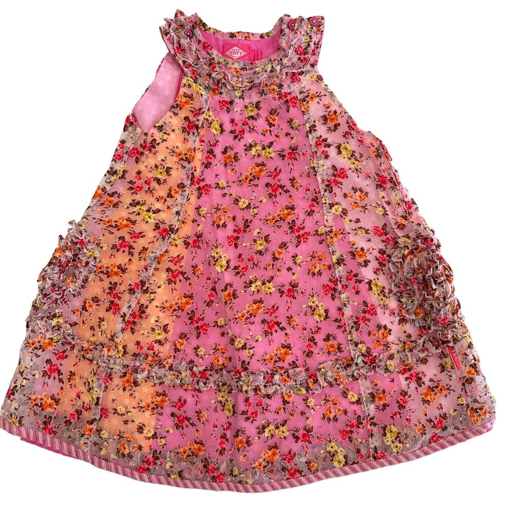 Oilily Girls Floral Patchwork Ruffle Dress Size 86 / 24 Month Pink Sleeveless